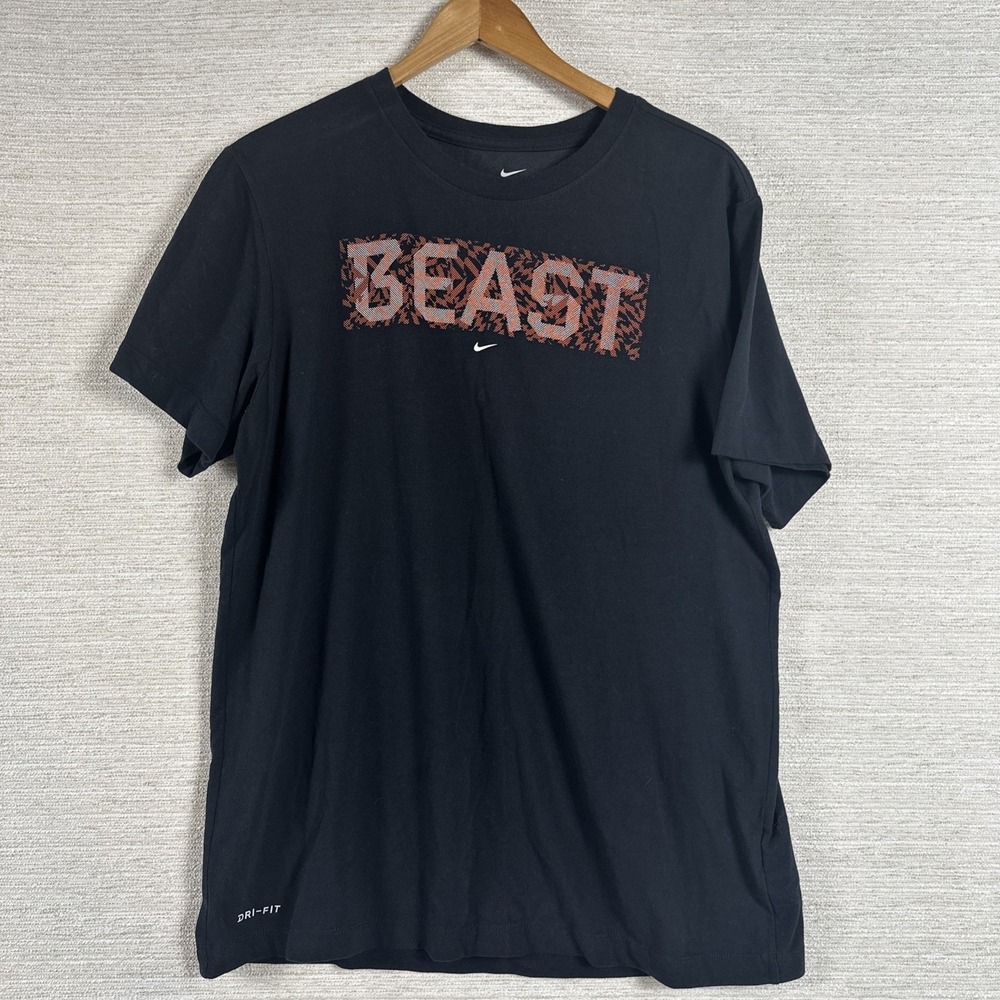 Nike Dri Fit BEAST T Shirt Mens Large Black Graphic Gym Training Tee